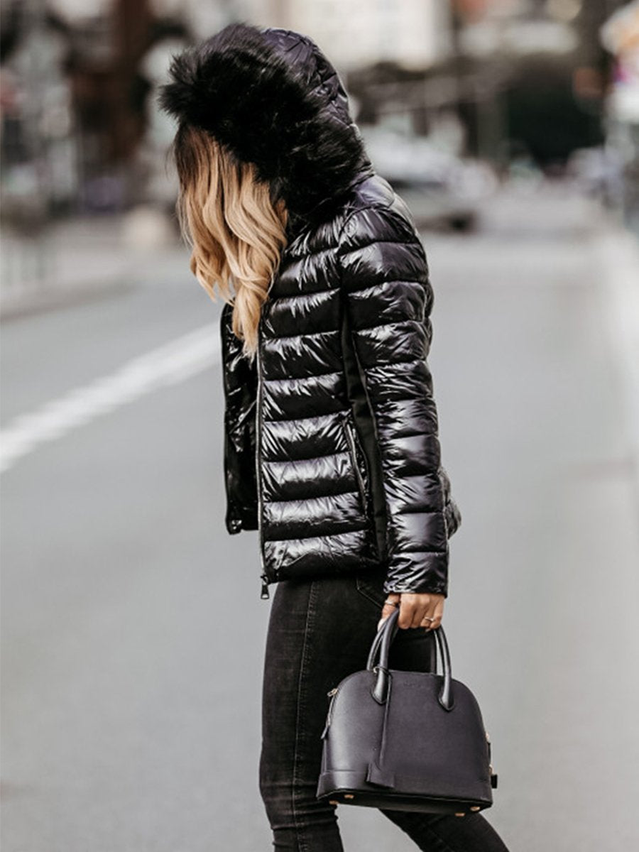 Women's Fashion Padded Jacket with Fur Collar and Zipper