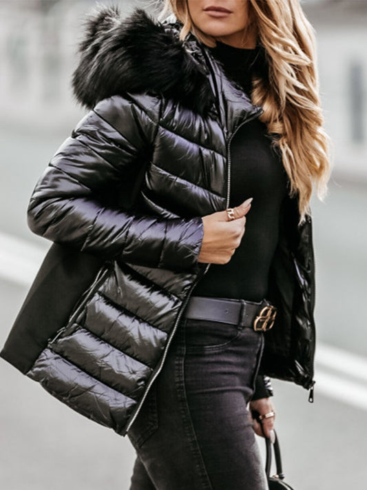 Women's Fashion Padded Jacket with Fur Collar and Zipper