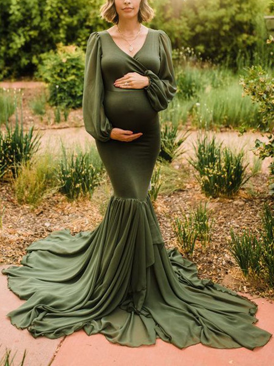 V-neck Long Sleeve Elegant Maternity Dress