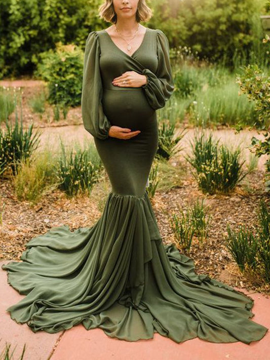 V-neck Long Sleeve Elegant Maternity Dress